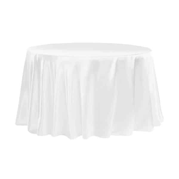 Sleek Satin Tablecloth 120″ Round – White | Rental Sleek Satin Tablecloth 120″ Round – White | Rental