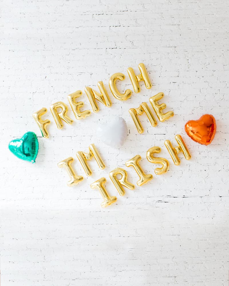 St. Patrick’s Day – 16in Gold FRENCH ME, IM IRISH Foil Letters and hearts Set | Rental