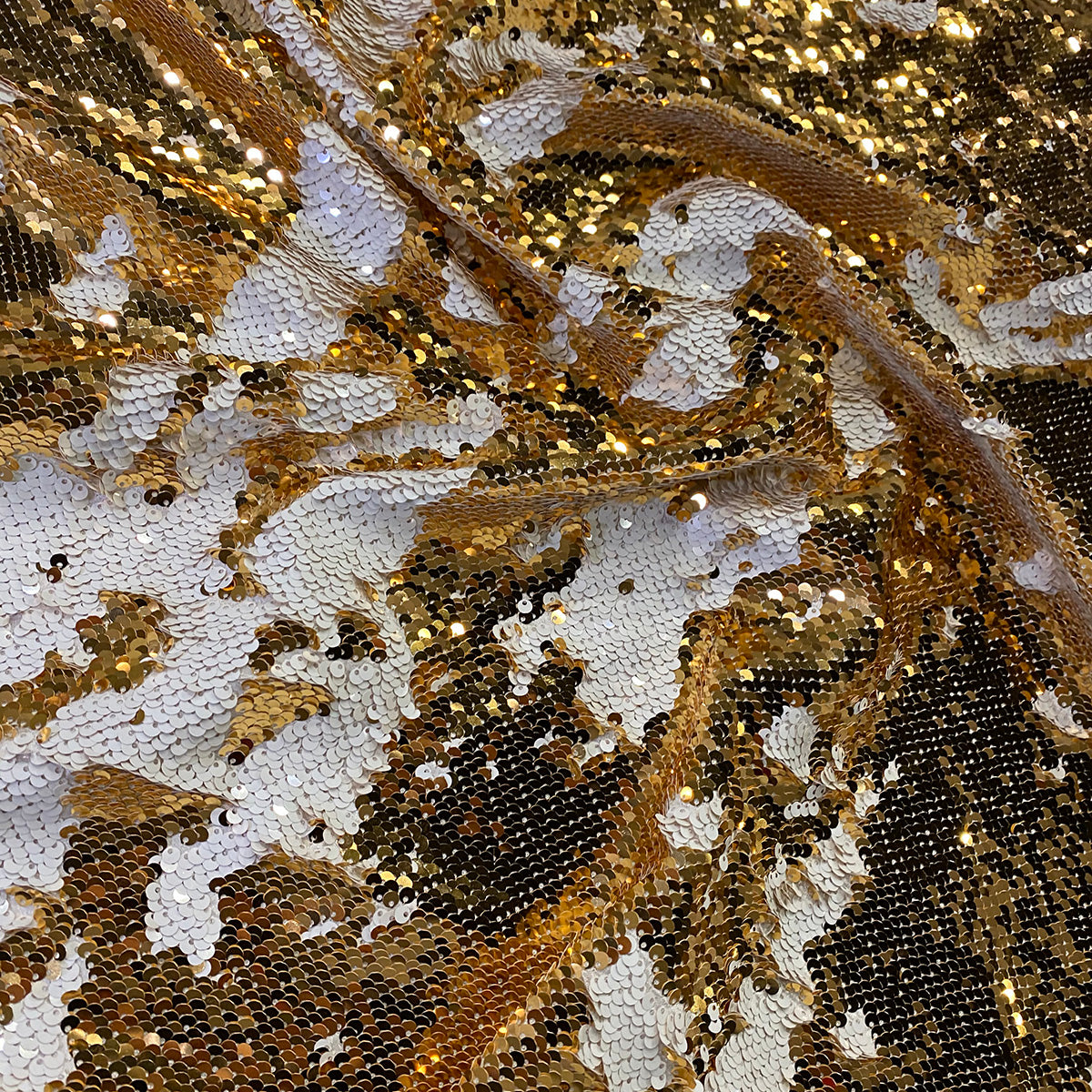 Two-Tone Sequins Wholesale Fabric in Gold and White | Rental Two-Tone Sequins Wholesale Fabric in Gold and White | Rental