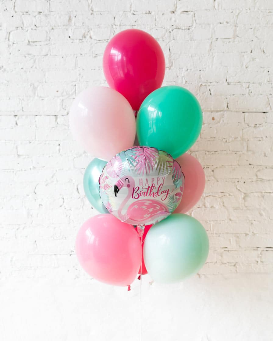 Flamingo Fling – Happy Birthday Foil and 11in Balloons – bouquet of 10 | Rental
