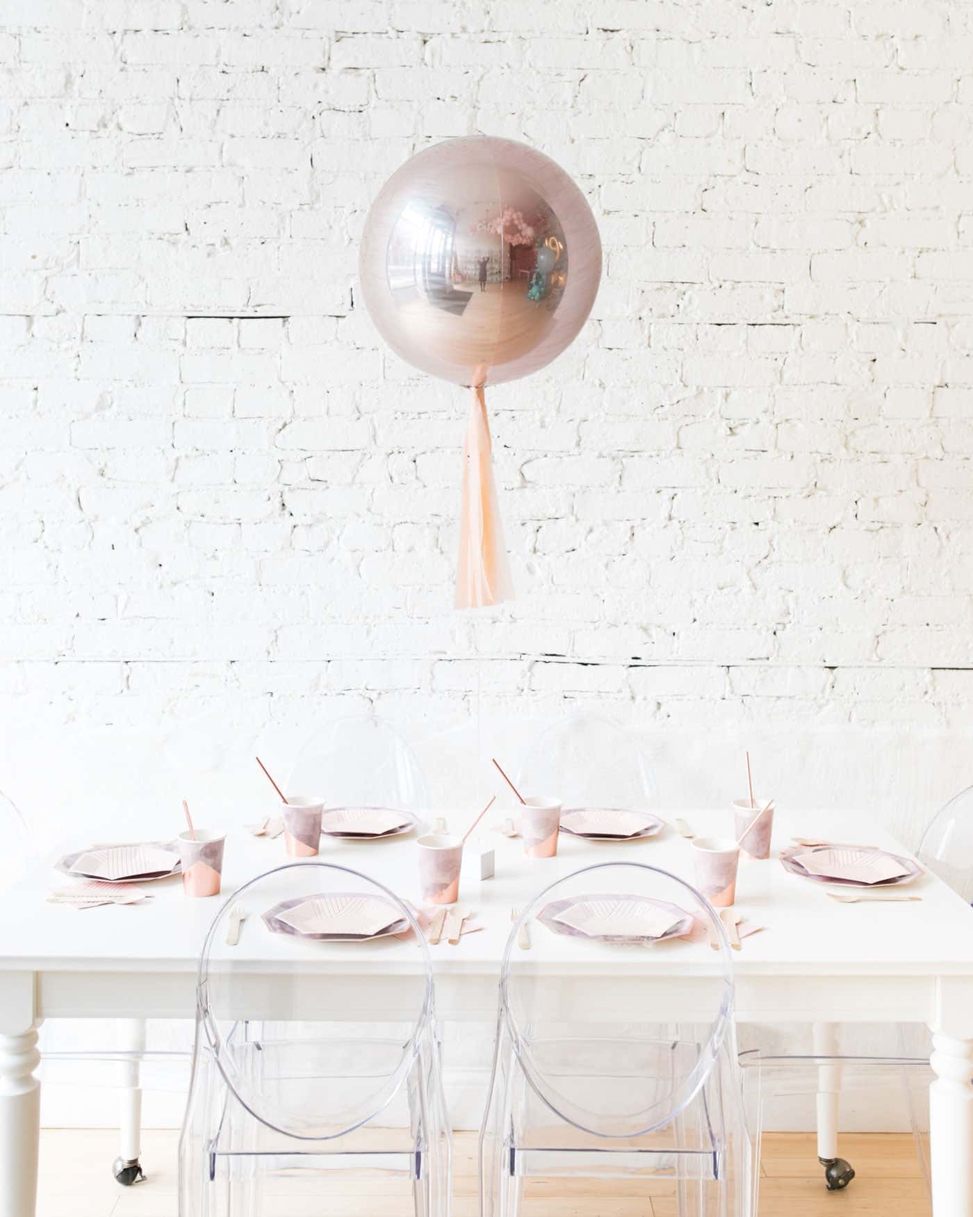 16in Rose Gold Orb Foil Balloon and Blush Skirt Centerpiece | Purchase