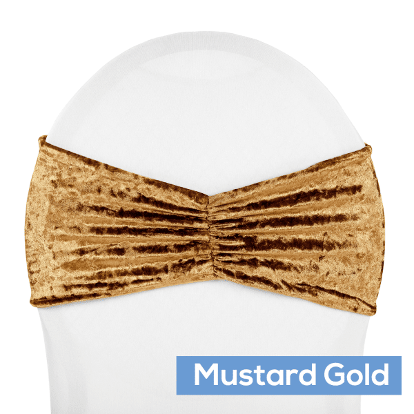 Premade Velvet Ruffle Stretch Chair Band – Mustard Gold | Rental Premade Velvet Ruffle Stretch Chair Band – Mustard Gold | Rental