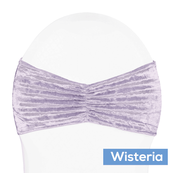 Premade Velvet Ruffle Stretch Chair Band – Wisteria | Rental Premade Velvet Ruffle Stretch Chair Band – Wisteria | Rental