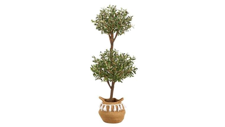 4.5′ Artificial Olive Double Topiary with Handmade Jute & Cotton Basket with Tassels | Rental