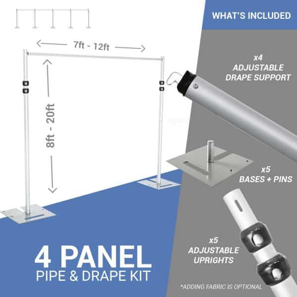 DELUXE-4 Panel Pipe and Drape Kit / Backdrop – 8-20 Feet Tall (Adjustable) Comes W/ 3 Piece Uprights for Maximum Height Adjustment | Rental