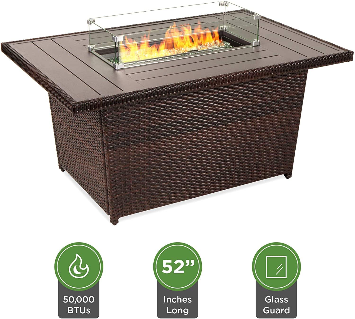 Fire Pit – 52in Outdoor Wicker Propane Fire Pit Table 50,000 BTU w/Glass Wind Guard, Tank Holder, Cover-Brown | Rental