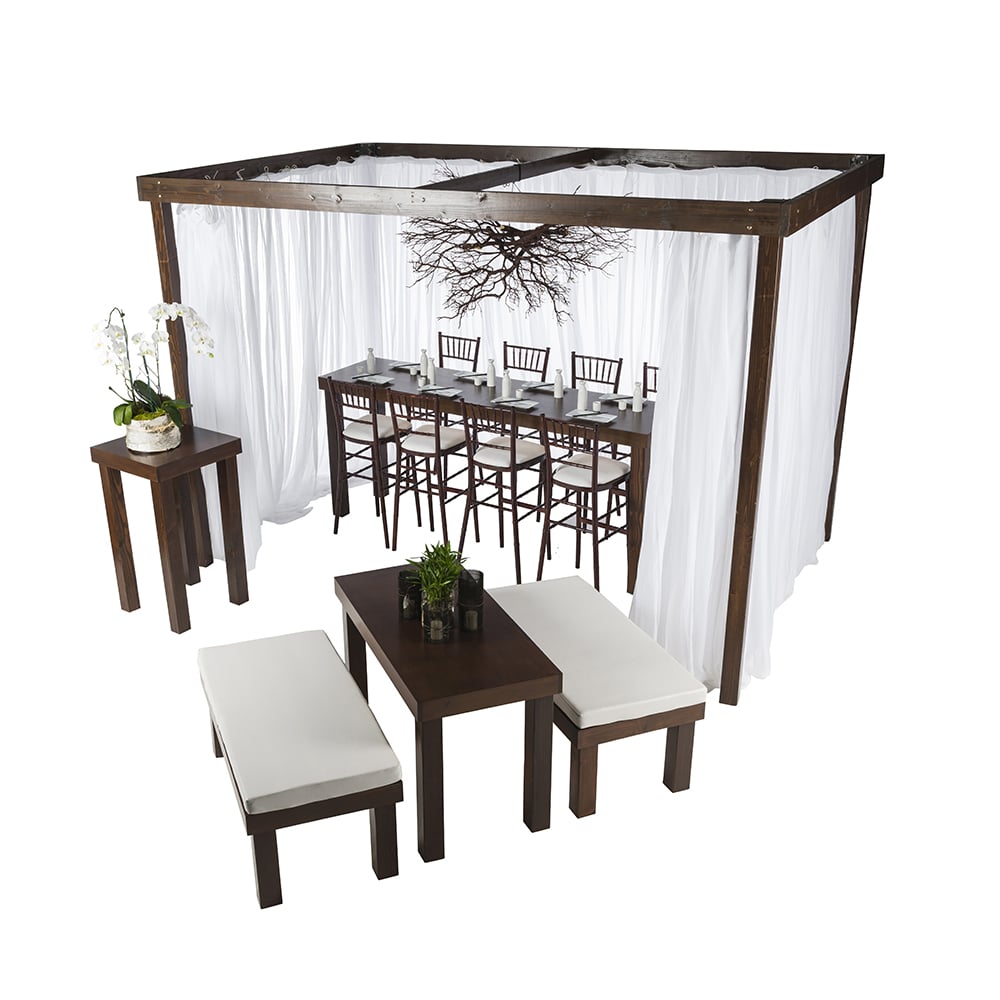 Cabana – 12’L x 12’w x 8’h Rustic Wood Cabana w/Sheer Drapes | Rental