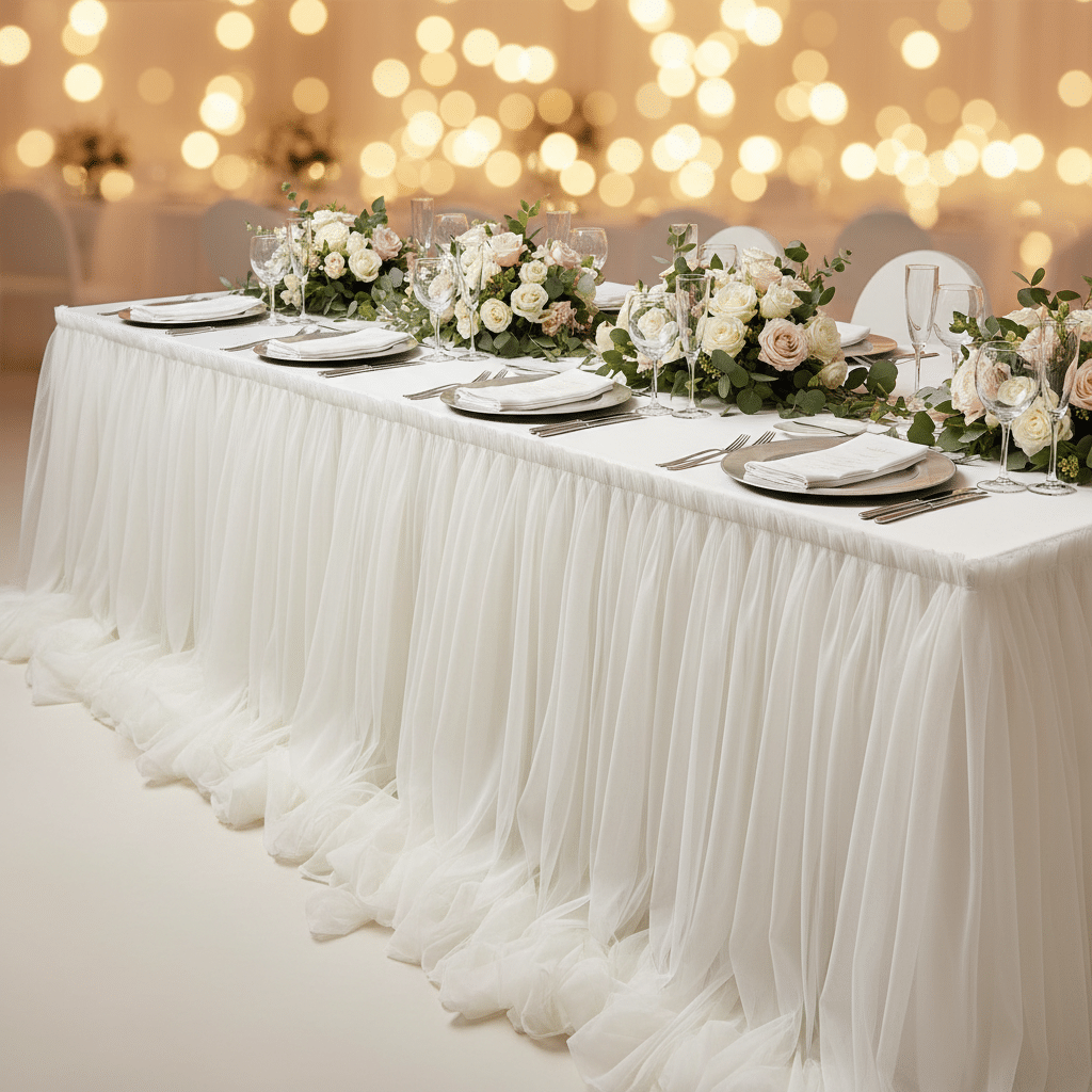Chiffon Tulle Table Skirt Extra Long 57″ x 17ft – Ivory & White | Rental