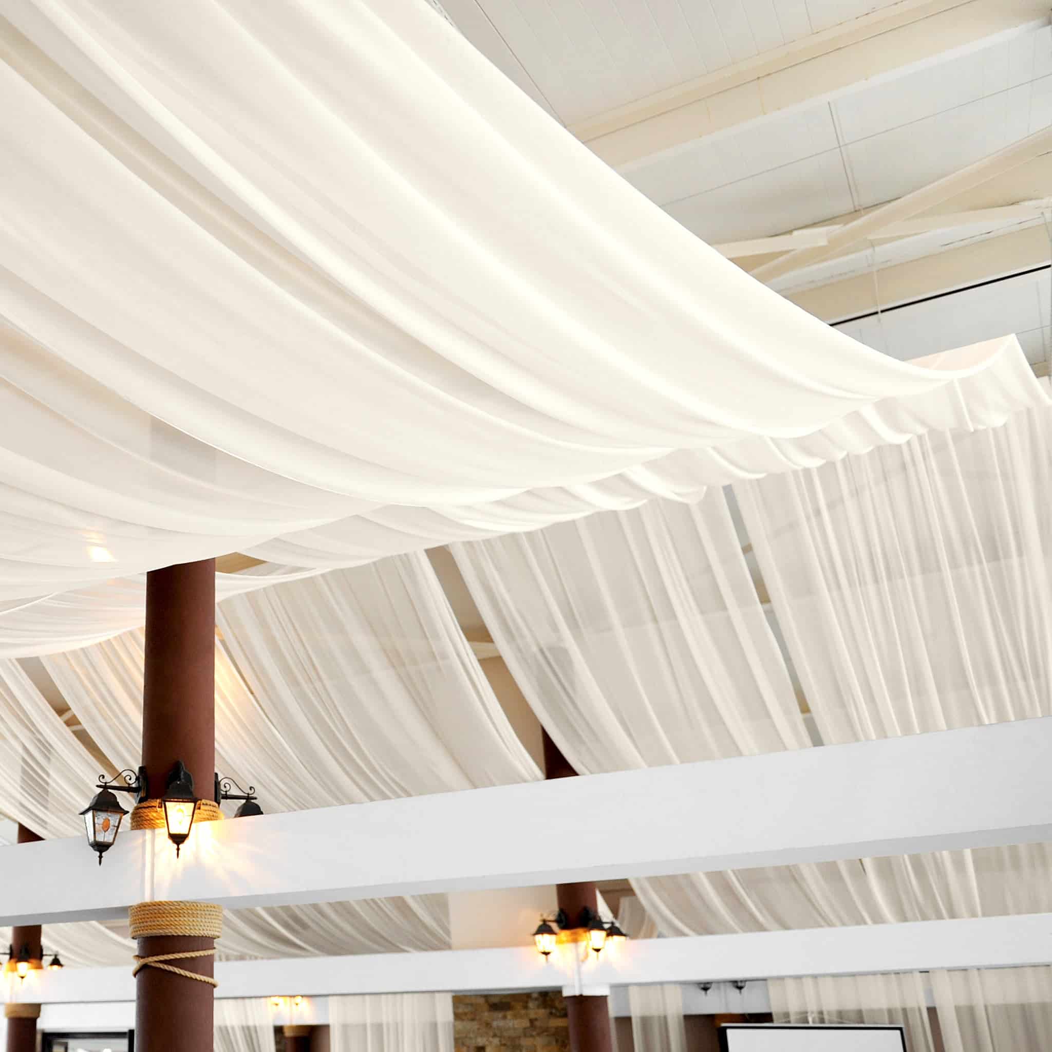 20ft Ceiling/Curtain Draping Sheer Voile Flame Retardant (FR) – Ivory | Rental 20ft Ceiling/Curtain Draping Sheer Voile Flame Retardant (FR) – Ivory | Rental