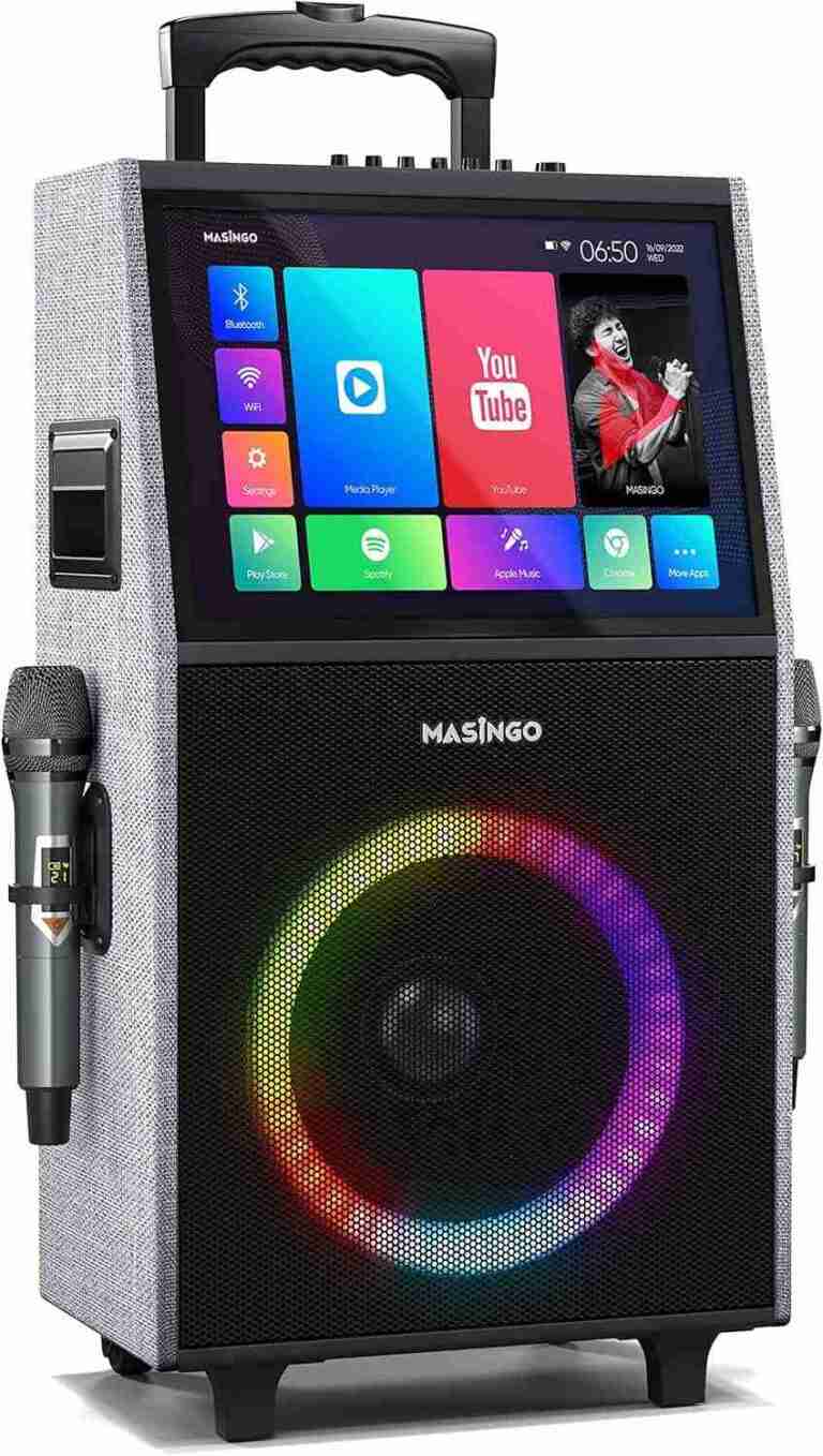 MASINGO New Professional Karaoke Machine with Lyrics Display Screen for Adults and Kids, Bluetooth Portable PA Speaker System with WiFi, Built-in 15″ Tablet, Lights and 2 Wireless Microphones : Musical Instruments | Rental