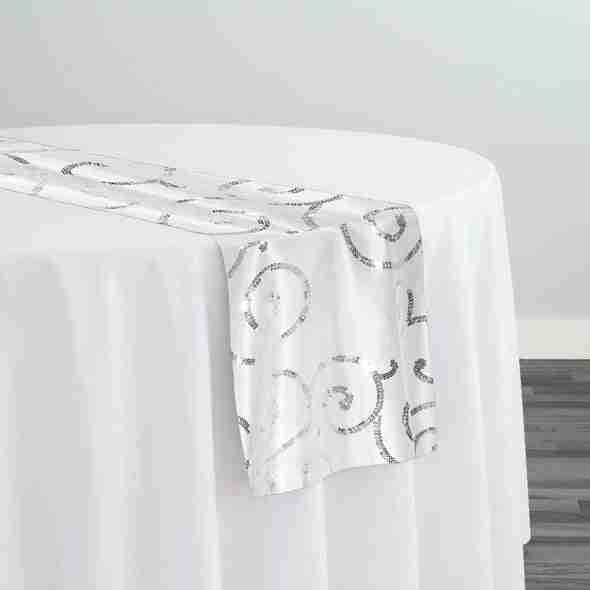Swirl Sequins Taffeta Table Runner in Silver and White | Rental