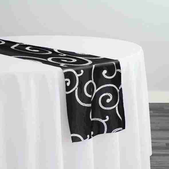 Swirl Sequins Taffeta Table Runner in White and Black | Rental