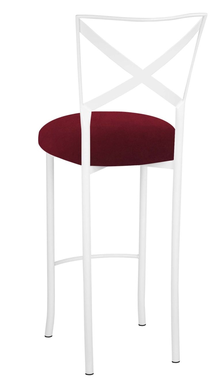 Simply X White Barstool with Cranberry Boxed Prima Velvet Cushion – Chameleon Chair Collection | Rental