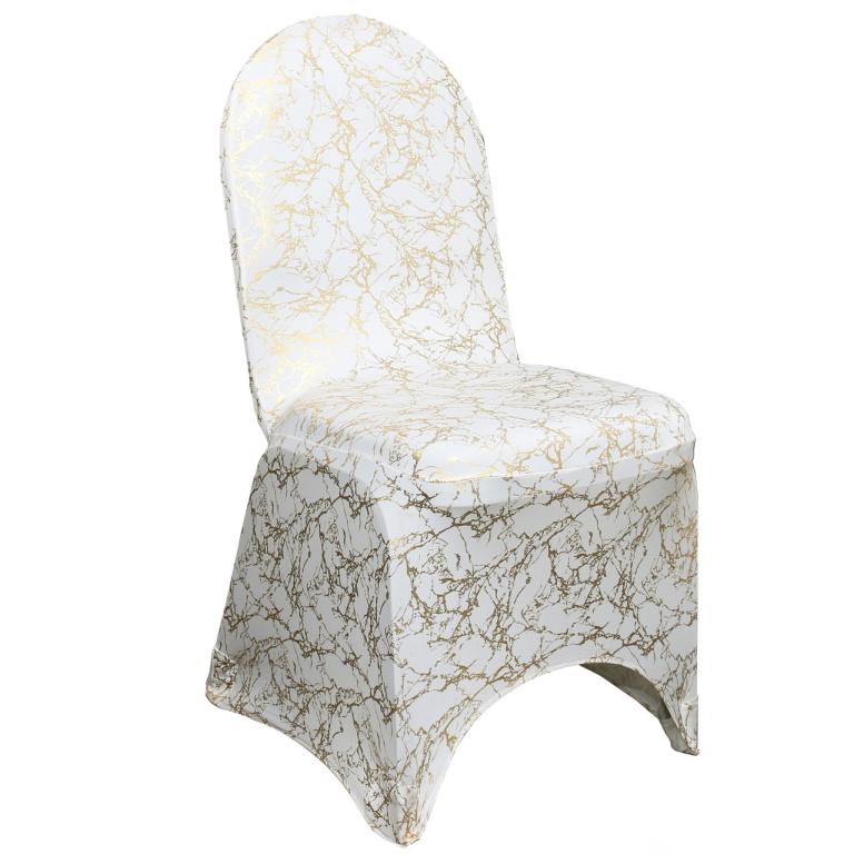 Stretch Spandex Banquet Chair Cover White With Gold Marbling | Rental Stretch Spandex Banquet Chair Cover White With Gold Marbling | Rental