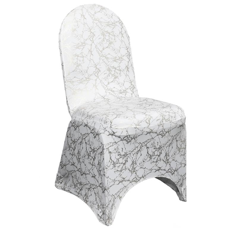 Stretch Spandex Banquet Chair Cover White With Silver Marbling | Rental Stretch Spandex Banquet Chair Cover White With Silver Marbling | Rental
