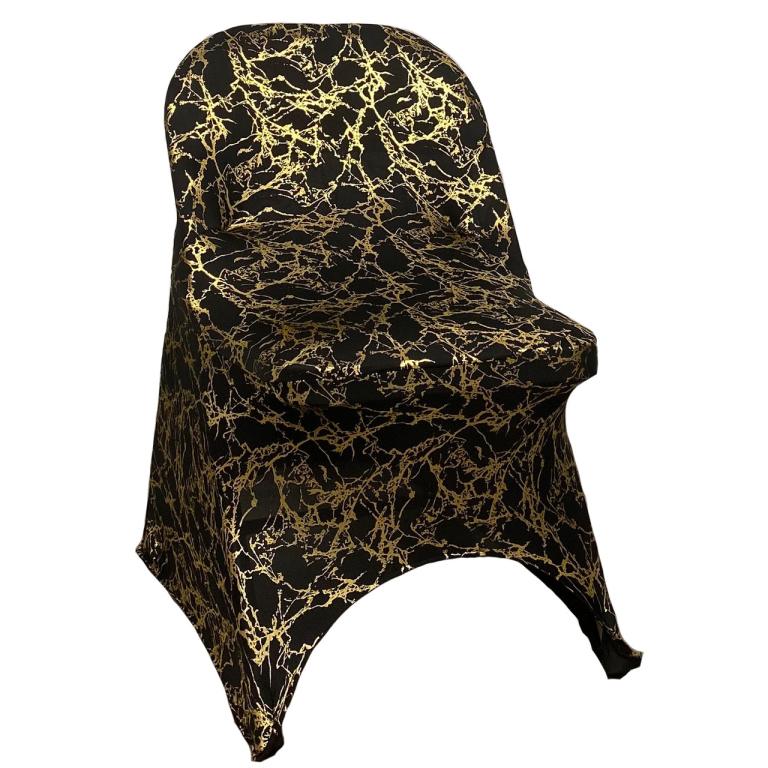 Stretch Spandex Folding Chair Cover Black With Gold Marbling | Rental Stretch Spandex Folding Chair Cover Black With Gold Marbling | Rental